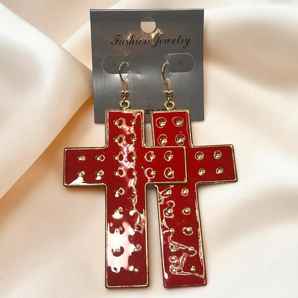 Cross Dangle Drop Earrings Religious Faith Cross Golden Toned Metal Red Women